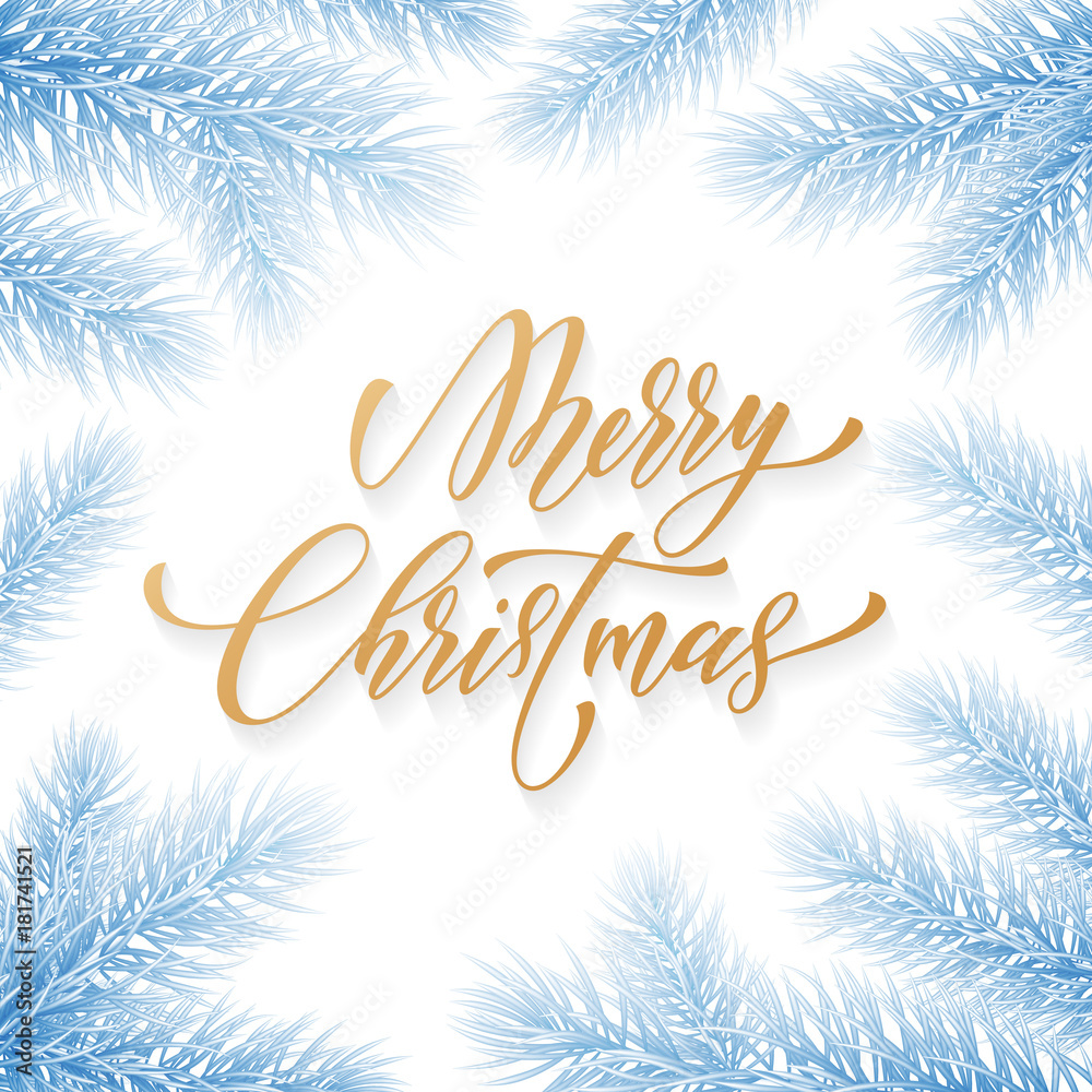 Merry Christmas trendy golden quote calligraphy font on blue frozen ice background for winter holiday design template. Vector Christmas tree for branch wreath decoration and golden New Year lettering Merry Christmas trendy golden quote calligraphy font on blue frozen ice background for winter holiday design template. Vector Christmas tree for branch wreath decoration and golden New Year lettering