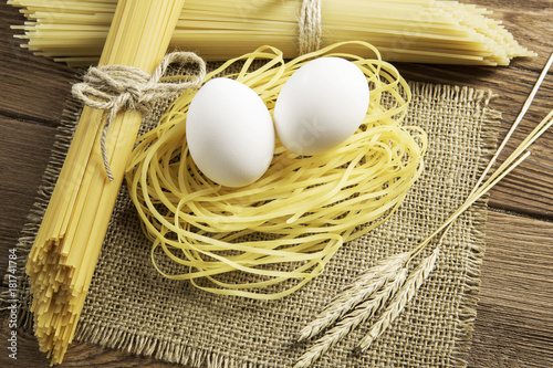 Dry pasta on table