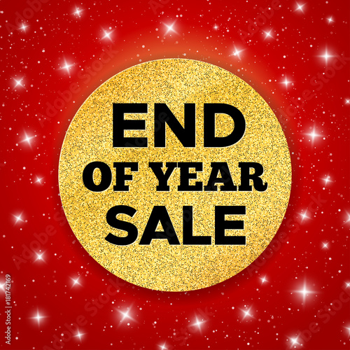 End of Year Sale promo vector background. Promotion banner for Christmas clearance. Golden circle with typography on black backdrop. Vector illustration