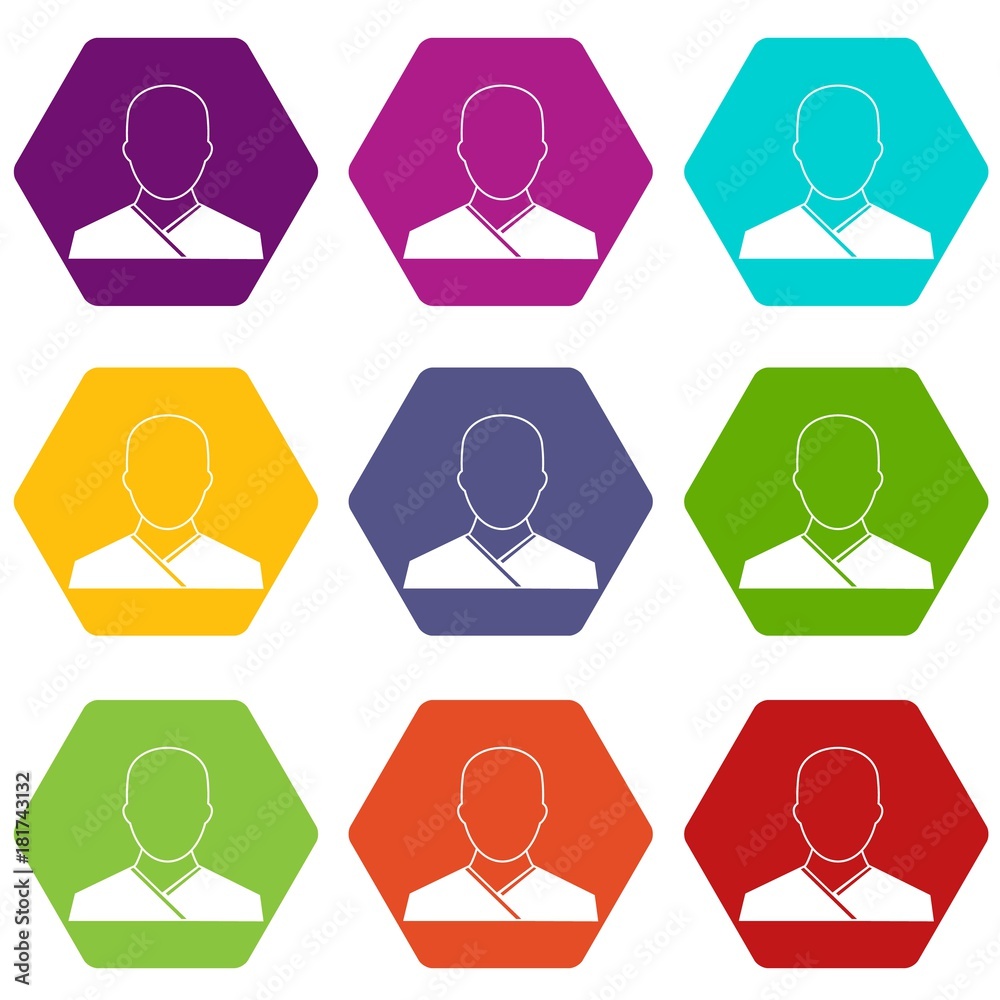 Buddhist monk icon set color hexahedron Buddhist monk icon set color hexahedron