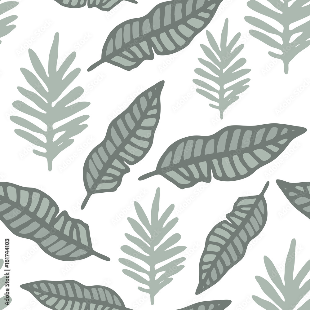 Tropical background with hand drawn palm leaves on white. Tropic seamless pattern. Vector illustration.
