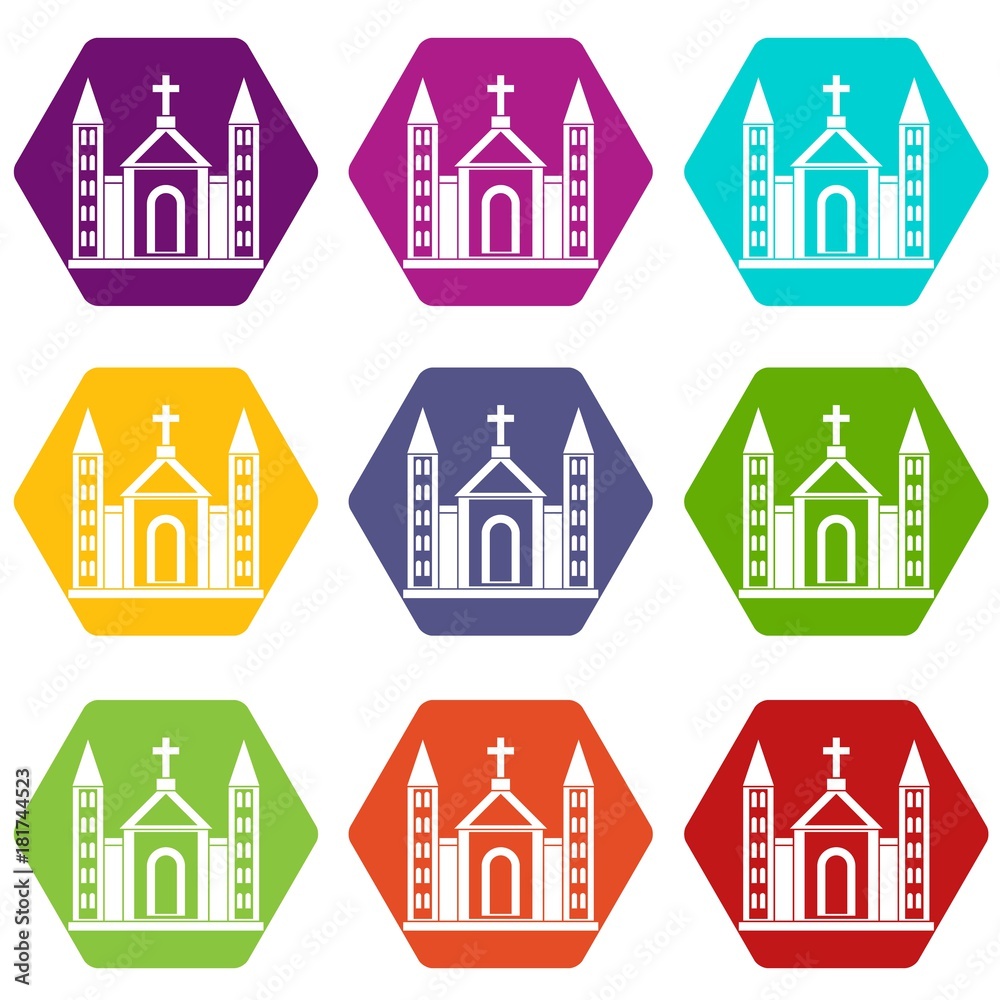 Christian catholic church building icon set color hexahedron