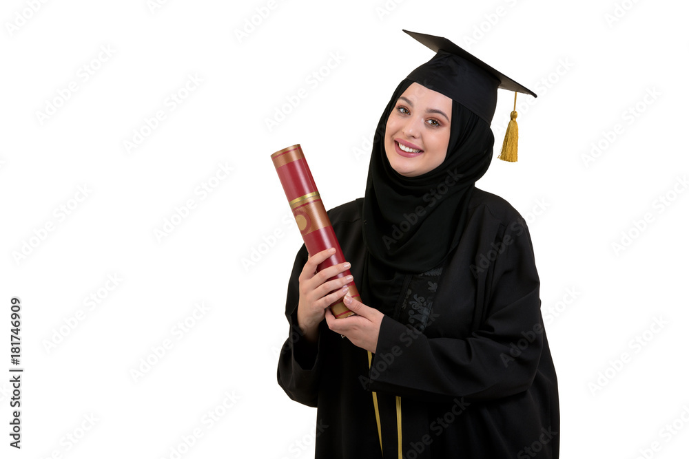 Happy graduate arabic muslim student with diploma Happy graduate arabic muslim student with diploma