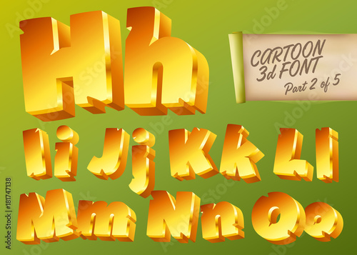 Vector 3D Gold Font in Cartoon Style. Comic Yellow Isometric Typeset for Children’s Playground, Mobile Game App, Poster, Banner. Funny and Cute English Alphabet Illustration. Colorful Type.