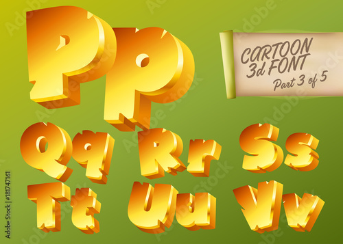 Vector 3D Gold Font in Cartoon Style. Comic Yellow Isometric Typeset for Children’s Playground, Mobile Game App, Poster, Banner. Funny and Cute English Alphabet Illustration. Colorful Type.
