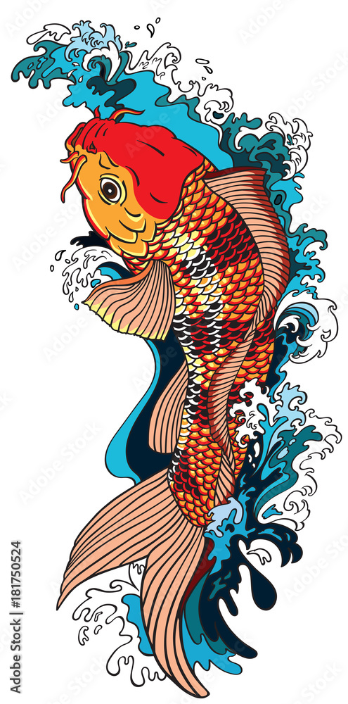 Fototapeta premium koi carp gold fish swimming upstream. Vector illustration tattoo style drawing