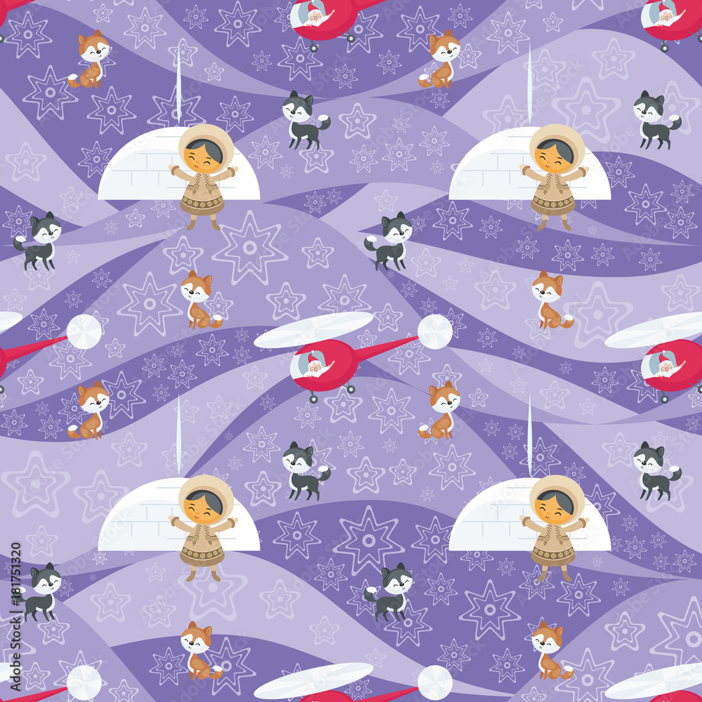 Naklejka premium Christmas seamless pattern with the image of Santa Claus, Eskimo people and husky dogs. Vector background.