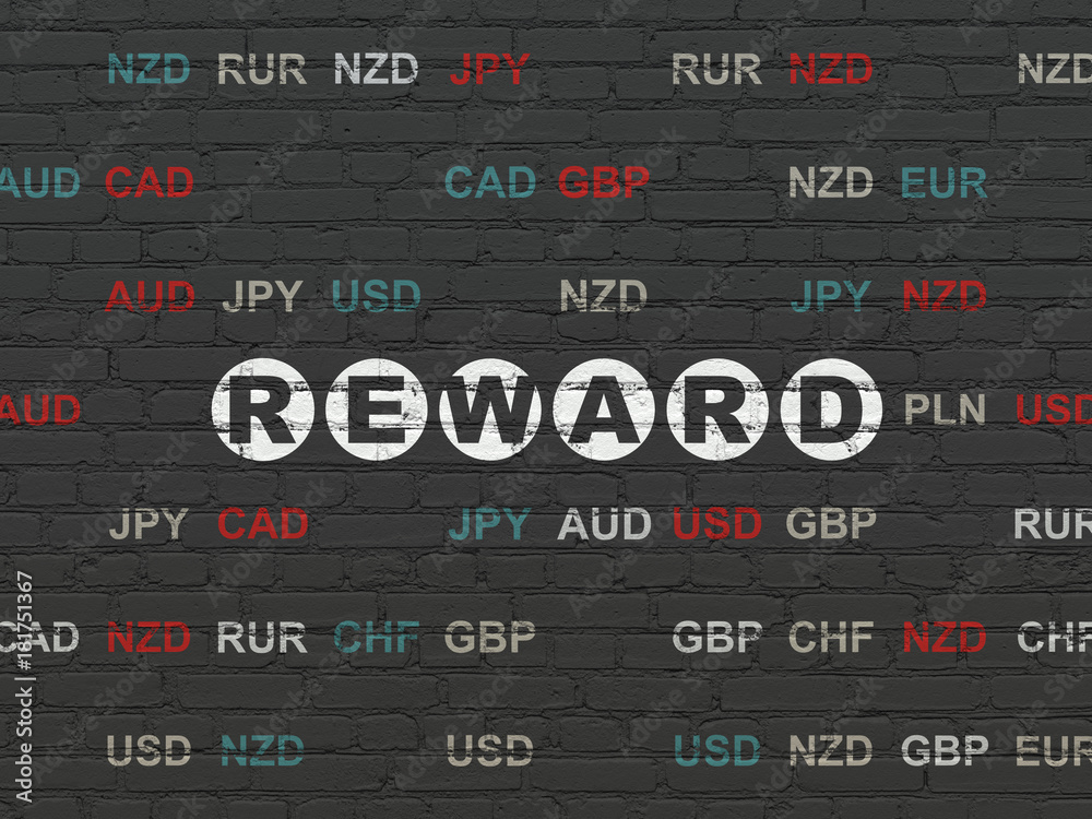 Business concept: Painted white text Reward on Black Brick wall background with Currency