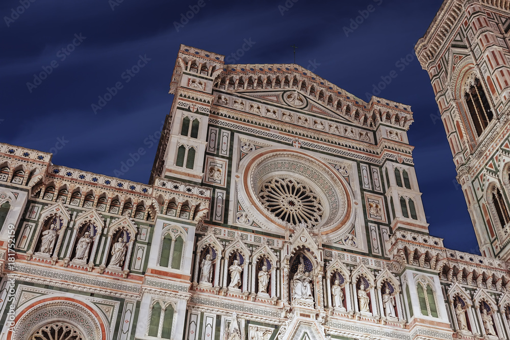 Facade of the Cathedral Santa Maria del Fiore at night  in Florence