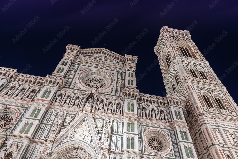 Facade of the Cathedral Santa Maria del Fiore at night  in Florence