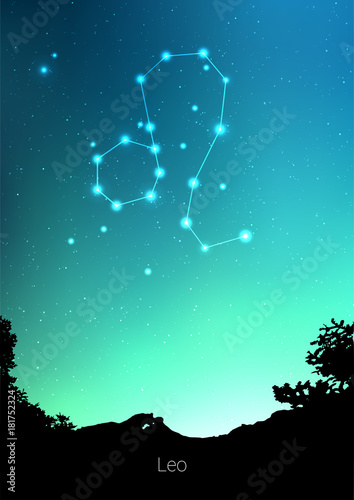 Leo zodiac constellations sign with forest landscape silhouette on beautiful starry sky with galaxy and space behind. Leo horoscope symbol constellation on deep cosmos background. Card design
