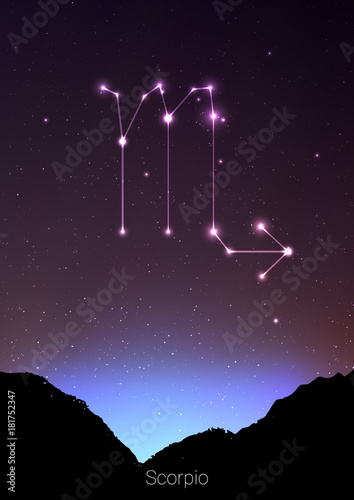Scorpio zodiac constellations sign with forest landscape silhouette on beautiful starry sky with galaxy and space behind. Scorpio horoscope symbol constellation on deep cosmos background. Card design