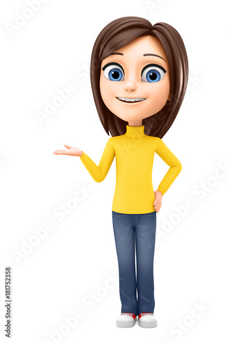 Girl points by hand on an empty space on a white background. 3d render illustration.