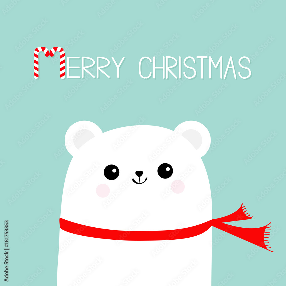 Merry Christmas Candy cane. Polar white bear cub head face wearing red scarf. Cute cartoon smiling baby character. Arctic animal collection. Flat design. Winter blue background. Merry Christmas Candy cane. Polar white bear cub head face wearing red scarf. Cute cartoon smiling baby character. Arctic animal collection. Flat design. Winter blue background.