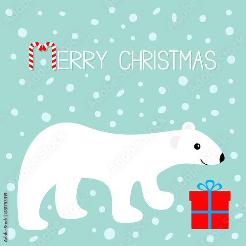 Merry Christmas greeting card. Arctic polar bear cub. Gift box present. Cute cartoon baby character. Red giftbox bow. Candy cane stick text. Flat design. Blue snow flake background.