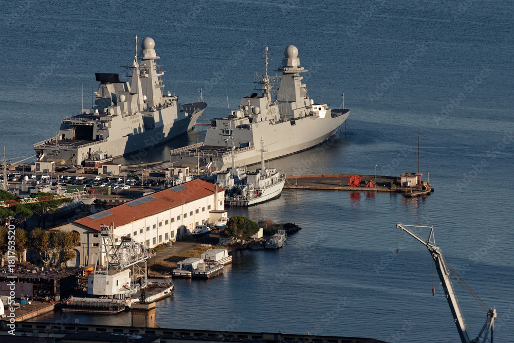 aerial view of military ship in the gulf of la spezia