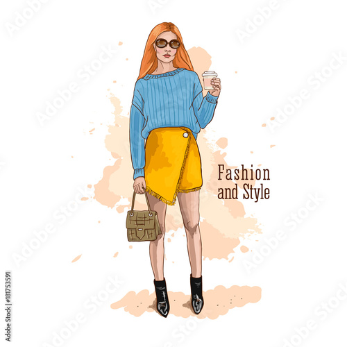 Fashion vector illustration. Beautiful stylish woman should. A hand holding a purse and a cup of coffee. Dressed in a skirt and the oversized sweater. Hand drawn sketch.
