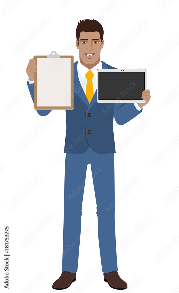 Businessman holding the clipboard and digital tablet PC Businessman holding the clipboard and digital tablet PC