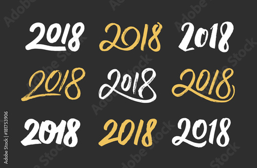 Happy New Year 2018. Set of hand drawn script numbers in white and gold color for Chinese for Year of the Dog. Vector illustration.