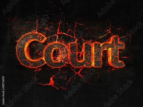 Foto Court Fire text flame burning hot lava explosion background.