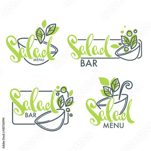 salad bar and menu logo , emblems and symbols, lettering composition with line art image of green leaves
