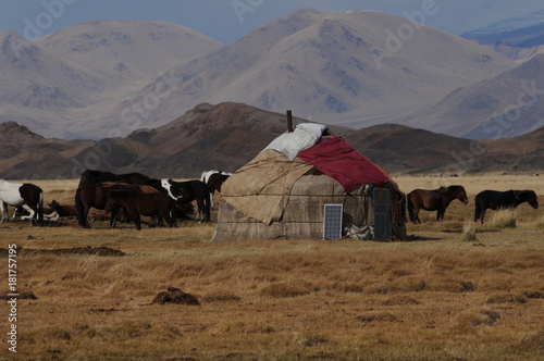 Nomad yurt or ger is the house of the mongolian nomad people during the cold snowy winter in mongolia