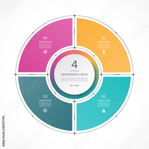 Infographic circle in thin line flat style. Business presentation template with 4 options, parts, steps. Can be used for cycle diagram, graph, round chart.