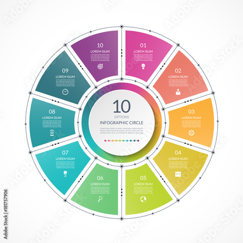 Infographic circle in thin line flat style. Business presentation template with 10 options, parts, steps. Can be used for cycle diagram, graph, round chart.