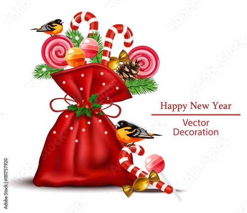 Sweets and candies in a red bag Vector realistic. Happy New Year Holidays card backgrounds