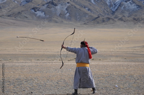 Bow and arrow contest during the golden eagle festival in mongolia