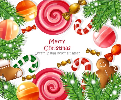 Merry Christmas card with candies decoration Vector realistic