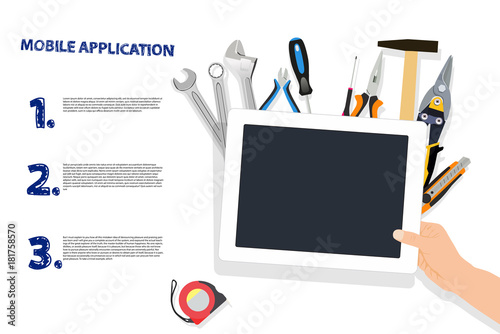 White background with tools and digital tablet