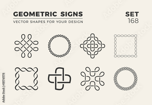 Set of eight minimalistic trendy shapes. Stylish vector logo emblems for Your design. Simple geometric signs collection.