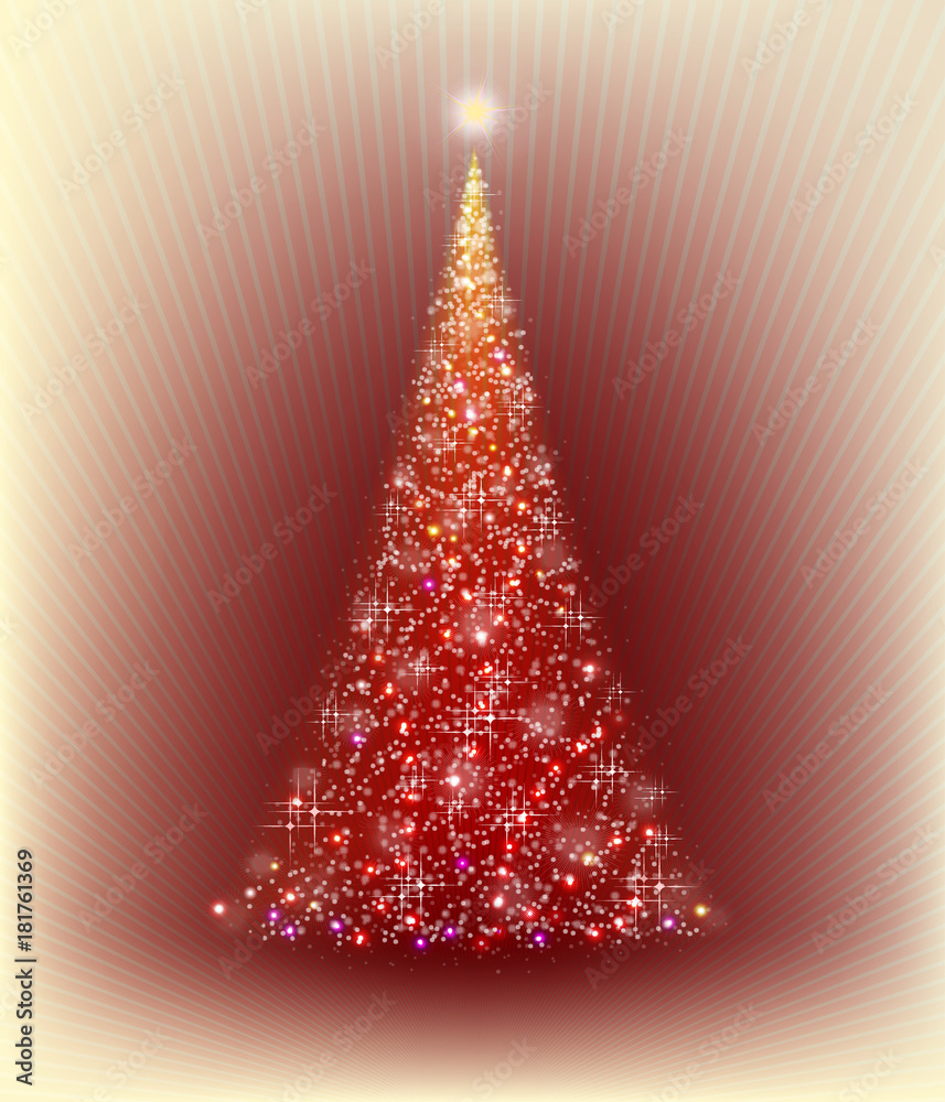 christmas red tree on a beige background with rays christmas red tree on a beige background with rays