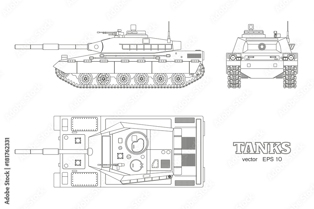 Realistic tank blueprint. Outline armored car on white background. Top, side, front views. Army weapon. War camouflage transport