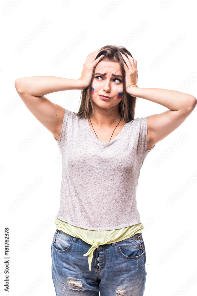 Russia lose. Unhappy and Failure of goal or lose game emotions of Russian woman football fan in game supporting of Russia national team on white background. Football fans concept. Russia lose. Unhappy and Failure of goal or lose game emotions of Russian woman football fan in game supporting of Russia national team on white background. Football fans concept.