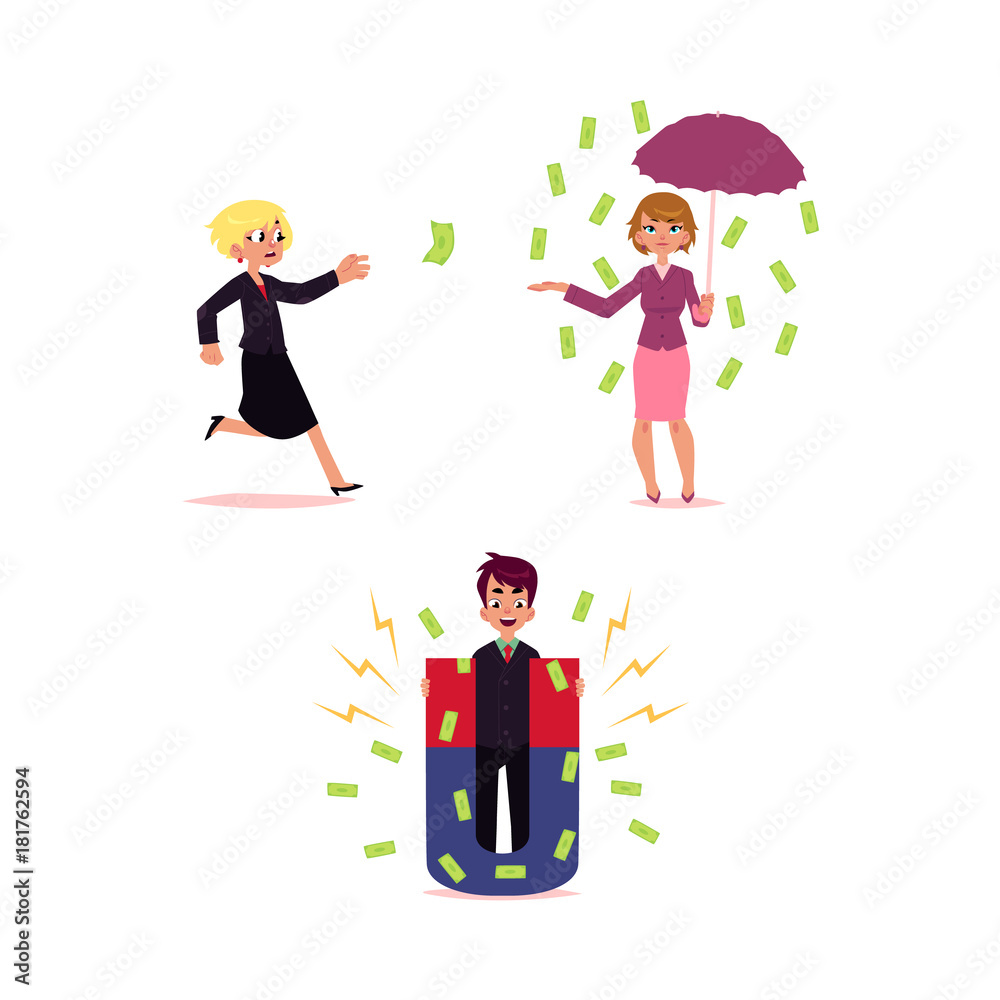 Man with money attracting magnet , woman under banknote rain with umbrella and running after flying dollar, cartoon vector illustration isolated on white background. Monwy flyinf, falling concept Man with money attracting magnet , woman under banknote rain with umbrella and running after flying dollar, cartoon vector illustration isolated on white background. Monwy flyinf, falling concept