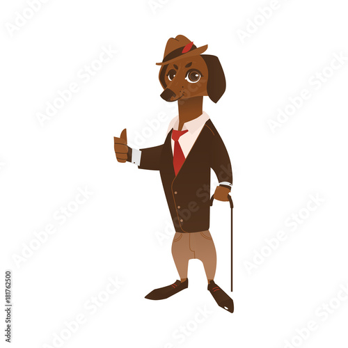 vector cartoon stylized humanized dog character. Male animal in formal clothing, suit with necktie hat standing with cane showing thumbs up. isolated illustration on a white background.