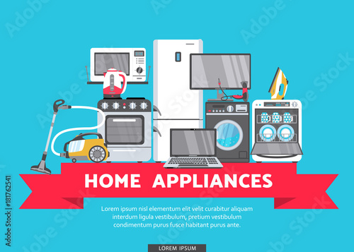 vector online shopping advertising poster banner design. Gas stove, dishwasher, washing machine, electric kettle or teapot, hair dryer, iron, vacuum cleaner, laptop, monitor clock, fridge icon set.