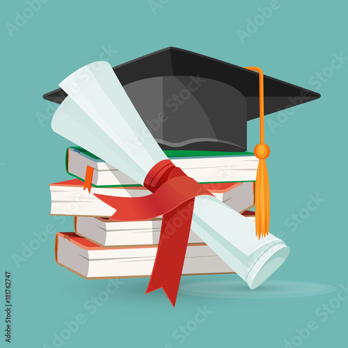 Degree scroll, pile of books and black graduation cap
