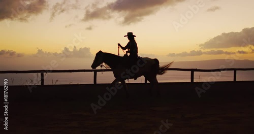 Silhouette of Woman horseback riding at sunset