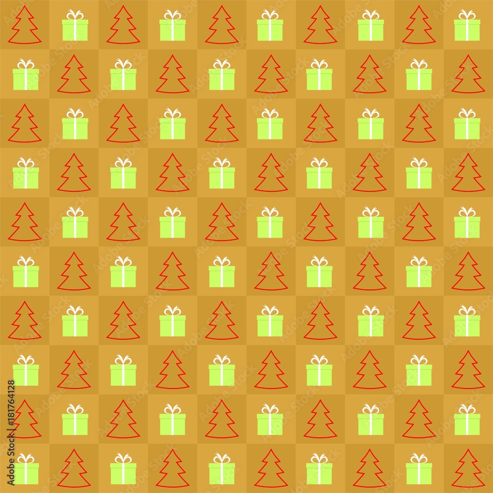 Gold background with red contour Christmas tree and green gift with white ribbon alternately in a row side by side and below them