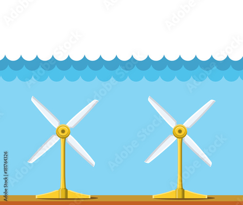 Tidal power station. Flat style cartoon tidal tower station. Innovation clean power source. Renewable energy concept. Vector illustration.