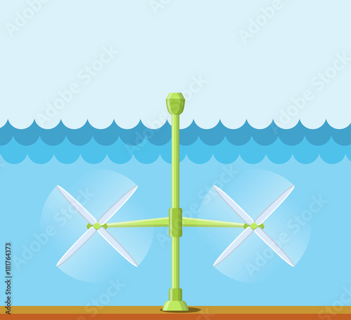 Tidal power station. Flat style cartoon tidal tower station. Innovation clean power source. Renewable energy concept. Vector illustration.