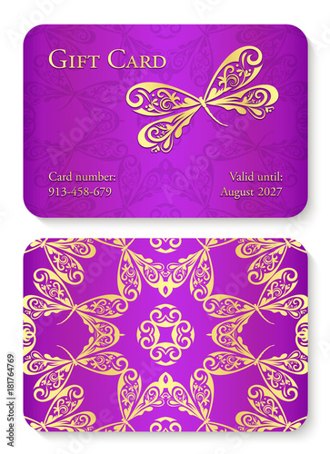 Luxury violet gift card with dragonfly ornament. Front side with golden embossed relief, back side with gold circle ornament decoration