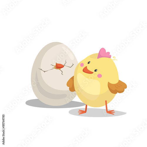 Cartoon cute boy chick looking on hatching egg. Easter and newborn symbol. Vector illustration.
