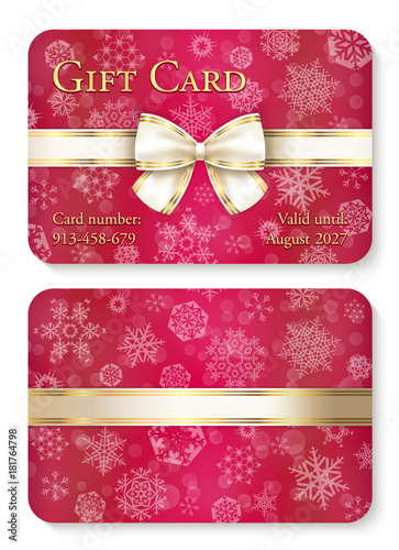 Luxury red Christmas gift card with white snowflakes in background and cream ribbon as decoration