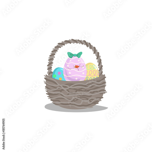 Cartoon basket with easter colorful and painted eggs and hatching girl chick with green bow. Decorative vector illustration icon. Easter simple flat symbol.
