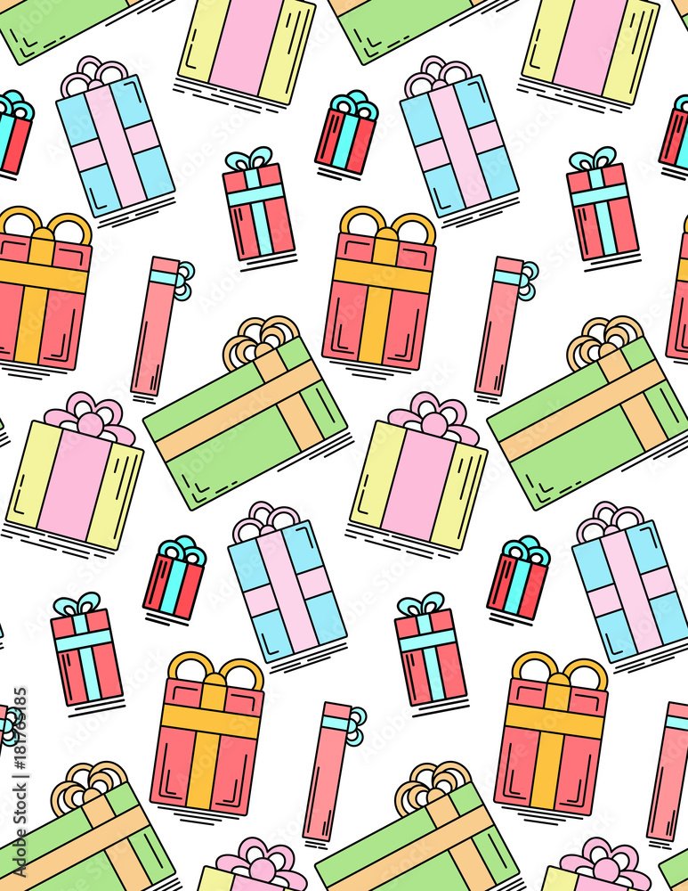 Seamless festive texture with linear gift boxes on a white background. Vector pattern for your creativity Seamless festive texture with linear gift boxes on a white background. Vector pattern for your creativity