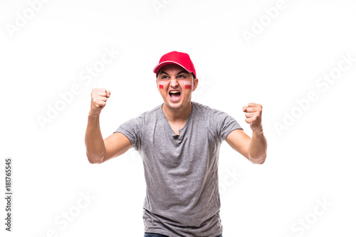 Poland win. Victory, happy and goal scream emotions of Poland football fan in game support of Poland national team on white background. Football fans concept.